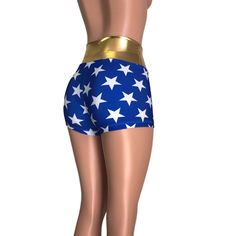 Stretchy spandex Wonder Woman high-waisted short booty shorts with metallic gold waistband. The fabric is high-quality spandex and will move with you - but thick enough to be flattering. The inseam is 2.5" - but if you'd like it shorter or longer, please say so in the comments. Perfect for your Wonder Woman Costume. Womens High Waisted Shorts, Duo Halloween Costumes, Wonder Woman Costume, Mid Rise Shorts, Roller Derby, Rave Wear, Women's Costumes, Metallic Gold