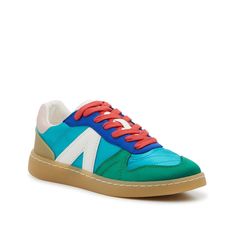 Mia-Vesta Sneaker - Women's Enjoy vintage vibes by rocking the Vesta sneakers from Mia! The simple style is complete with retro stripes, bright colors, and a sporty vulcanized sole. Featuring an extra pair of laces so you can easily change up the look. Trendy Green Sneakers For Spring, Retro Multicolor Sneakers With Rubber Sole, Casual Multicolor Sneakers With Contrast Sole, Sporty Color Block Sneakers For Spring, Spring Sporty Color Block Sneakers, Spring Color Block Sporty Sneakers, Casual Multicolor Color Block Sneakers, Retro Low-top Summer Sneakers, Trendy Color Block Sneakers