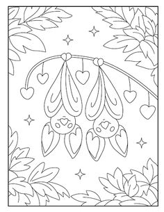 a coloring page with leaves and hearts hanging from a tree branch in the night sky