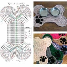 crocheted dog paw rug and bowl holder