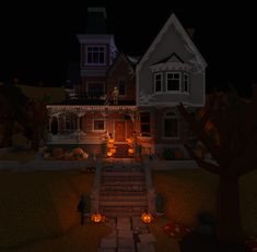 an animated house at night with pumpkins on the ground