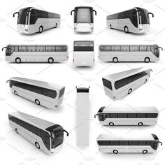 several white buses are shown with different angles and sizes, all in the same position