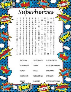 a printable superheros word search for kids to use in their classroom or home