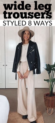 Text reads: wide leg trousers styled 8 ways. Photo is of a girl wearing a felt hat, wool jumper, leather jacket, beige pleated wide leg trousers and black combat boots Wide Leg Trousers Outfit Casual, High Waisted Trousers Outfit, Trousers Outfit Ideas, Leg Trousers Outfit, Wide Leg Pants Outfit Work, Pleated Pants Outfit, Trouser Pants Outfits, Tailored Pants Outfit, Living Room Designs Modern Luxury