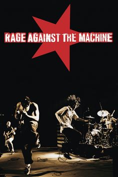 rage against the machine concert poster with two men on stage, one holding a guitar