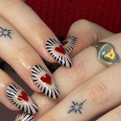 Nails Cool Ideas, Moody Valentines Day Nails, Fun Red Nail Designs, Red Nails With Design Ideas, Folk Art Nails, Fun Wedding Nails, Spring Goth Nails, 1970s Nails, Romantic Goth Nails