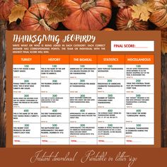 a thanksgiving party schedule with pumpkins and leaves