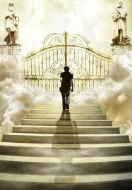 a man is walking up some stairs to heaven