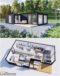 an image of a house made out of shipping containers and the floor plan for it