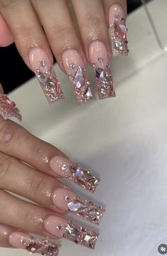 Ombre Gems Nails, Rhinestone Acrylic Nails Bling, Blinged Out Nails Rhinestones Pink, Big Gem Nails, Pink Bedazzled Nails, Long Acrylic Nails Gems, Pink Gem Nails Rhinestones, Birthday Nails Gems, Bedazzled Acrylic Nails