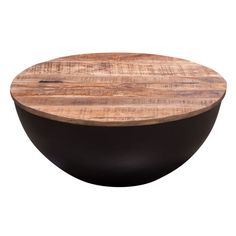 a round wooden table with black metal base and wood grained finish on the top