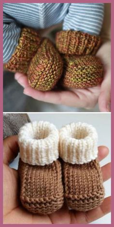 there are two pictures of baby booties in the same photo, one is brown and white