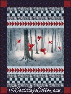 red birds are flying in the air over trees and snow covered ground with checkered border