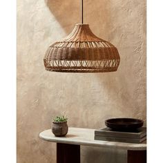 a rattan light hanging over a table next to a potted plant on a shelf