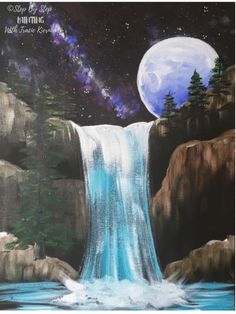 someone is painting a waterfall in the night sky with their paintbrushes and palette