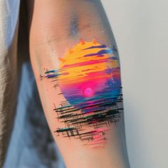 Radiant Sunset Tattoo Design Kit Layered Tattoo Design, Two Tone Tattoo, Ombré Tattoo, Forearm Sleeve Tattoos For Women Unique, Unique Sunset Tattoo, Ombre Tattoos, Colorful Sunrise Tattoo, Sunset Water Tattoo, Cool Tattoos Men