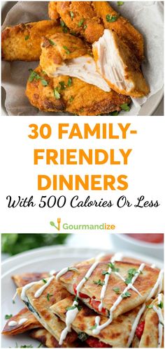 the cover of 30 family - friendly dinners with 500 calories on less