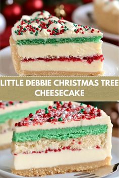 two pictures of a christmas cake with white frosting and green, red and white sprinkles