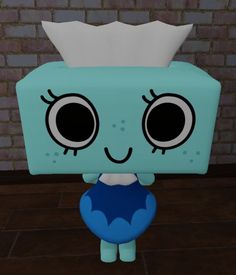 a cartoon character with big eyes holding a tissue paper dispenser in front of a brick wall