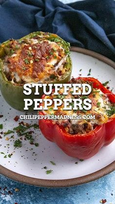 stuffed peppers on a plate with the words stuffed peppers above it and in the background