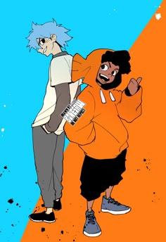 an image of two people standing next to each other in front of a blue and orange background