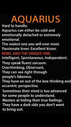 the zodiac sign for aquarius is displayed on a black background with an orange and red font