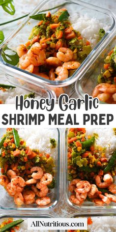 three plastic containers filled with shrimp and rice on top of a white tablecloth next to green beans