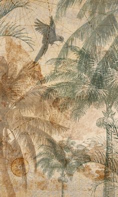 an artistic painting with palm trees and birds