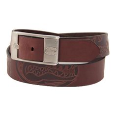 You're a devoted Gators fan, but face paint and gaudy team accessories just aren't your cup of tea. Up your Florida ante without the garish embellishments when you sport the Brandish leather belt. Featuring debossed team graphics repeated around the belt and an engraved team logo on the metal buckle, this adjustable belt has tons of Gators spirit that will never interfere with your polished personal style. This is Florida fanaticism that you can show off regardless of the occasion! To ensure a c Eagles Wings, Eagle Wings, Leather Belts Men, Polish Silver, Florida Gators, Brown Belt, Engraved Logo, Genuine Leather Belt, Leather Silver