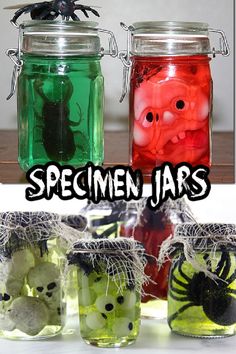 three jars filled with different types of halloween jellies and one has a spider in it