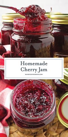 homemade cherry jam in a jar with spoon