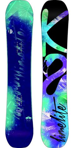 the snowboard is blue and green with black lettering on it's bottom half