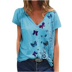 Giftesty Womens Plus Size Clearance Fashion Woman V-Neck Summer Short Sleeve Butterfly Prints Tops Loose T-Shirt - Walmart.com Cat Moon, Y2k Clothing, Casual Summer Tops, Streetwear Tshirt, Casual Streetwear, Fashion Colours, Butterfly Print, Graphic Tees Women, Long Sleeve Casual