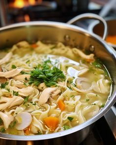 chicken noodle soup with carrots and parsley in a pot on the stove