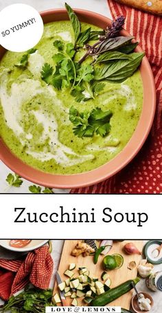 zucchini soup in a bowl with herbs on top and an empty plate next to it