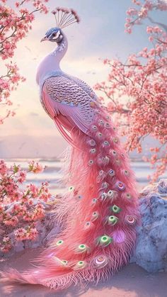 a peacock standing on top of a rock next to pink flowers and tree branches in the background