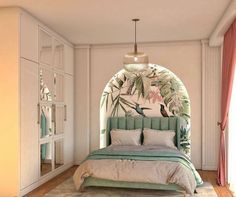 a bedroom with a bed, dresser and mirror in the corner that has a tropical print on it