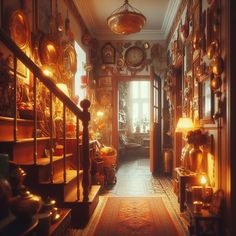 a hallway with lots of clocks on the wall and stairs leading up to an open door