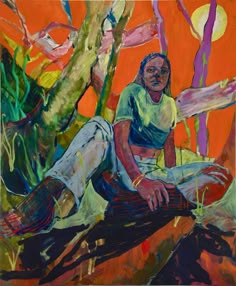 a painting of a woman sitting on a tree branch in front of an orange sky