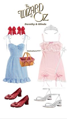 the wizard of oz dress and shoes are shown in three different colors, including pink, blue