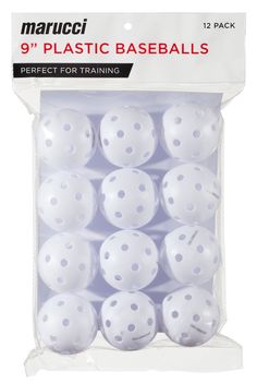 white plastic baseballs in a package on a white background with the words, 9 plastic baseball