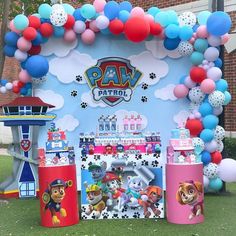 paw patrol themed birthday party with balloons and decorations