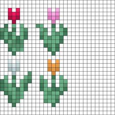 a cross stitch pattern with two flowers in the middle and one flower at the bottom