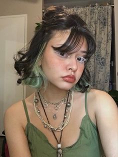 Black Hair W Green Highlights, Green Front Pieces Hair, Dark Green Brown Hair, Green Hair Money Piece, Sage Green Hair Highlights, Green Strands Hair, Light Brown And Green Hair, Blond And Green Hair, Like Green Hair