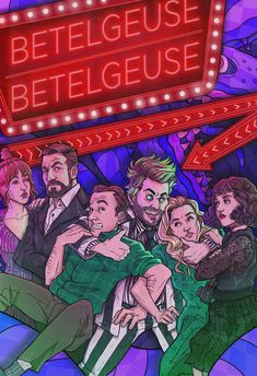 a group of people standing next to each other under a neon sign that reads,'betelgeuse bejeguse '