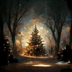 a painting of a lit christmas tree in the middle of a snowy road at night