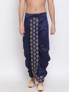 Vastramay Men's Navy Blue Embroidered Dhoti Pant Blue Pants For Festive Eid Celebration, Festive Blue Pants For Eid, Traditional Blue Pants For Festive Occasions, Blue Traditional Festive Pants, Traditional Blue Pants For Festive Season, Traditional Blue Festive Pants, Traditional Embroidered Ankle-length Bottoms, Bollywood Style Festive Bottoms With Traditional Drape, Fitted Embroidered Pants With Traditional Drape