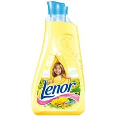 a bottle of lenor liquid on a white background with a child's face