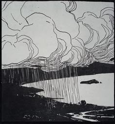 black and white drawing of rain coming down from the sky over a body of water