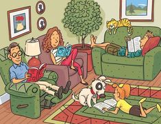 a man and woman sitting on couches in a living room next to a dog